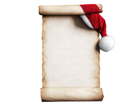 Empty parchment scroll with a red Santa hat draped over the top on a white background.  PNG transparent.