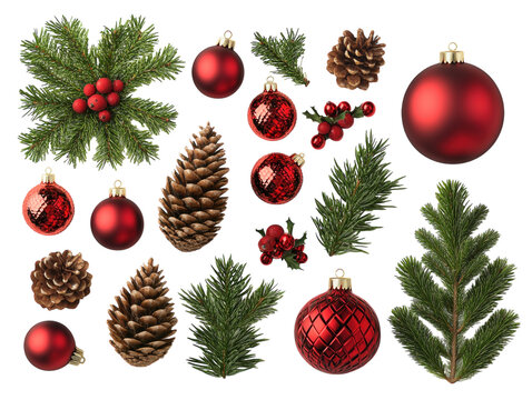 Flat lay of Christmas ornaments, pine cones, and festive decorations arranged on a white background.  PNG transparent.