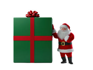 Santa Claus pushing a large green gift box with a red ribbon on a white background. PNG transparent.