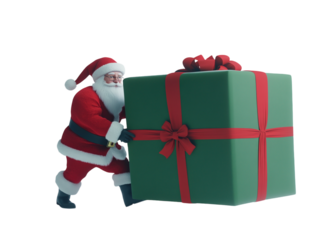 Santa Claus pushing a large green gift box with a red ribbon on a white background. PNG transparent.