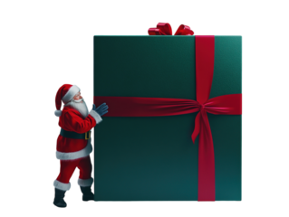 Santa Claus pushing a large green gift box with a red ribbon on a white background.  PNG transparent.