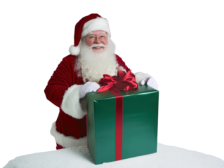Santa Claus pushing a large green gift box with a red ribbon on a white background. PNG transparent.