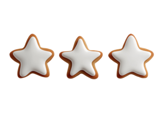 Three Christmas cookies with white icing in star and tree shapes on a white background.  PNG transparent.