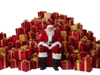 Santa Claus sitting in front of a huge pile of red and gold wrapped presents on a white background.  PNG transparent.