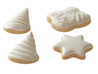 Three Christmas cookies with white icing in star and tree shapes on a white background.  PNG transparent.