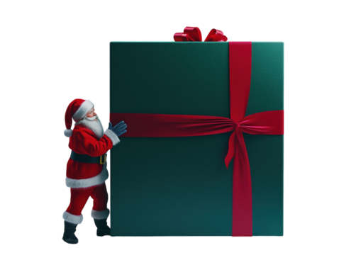 Santa Claus pushing a large green gift box with a red ribbon on a white background. PNG transparent. - Powered by Adobe