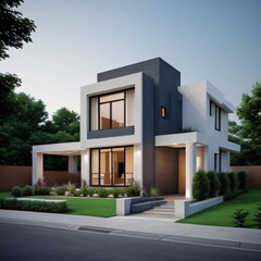Modern luxury house with a well-manicured lawn..
