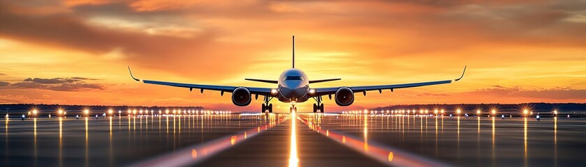 A dramatic sunset view of an airport runway, with the silhouette of a plane in the background, the runway lights in sharp focus, creating a cinematic and breathtaking scene