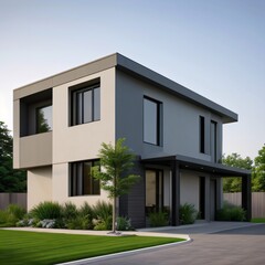 Fototapeta premium Modern luxury house with a well-manicured lawn..