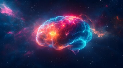 Obraz premium A brain composed of luminous colorful light trails, each trail representing an idea, futuristic art style, floating in a dark, starry space, high contrast lighting, ethereal glow, mood of limitless