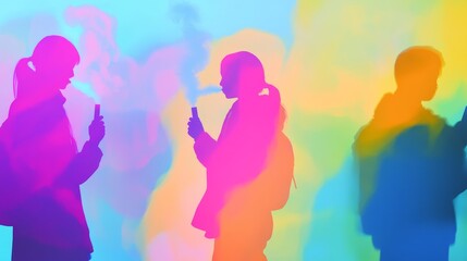 Vibrant overlapping silhouettes of children using e-cigarettes, highlighting social issues related to tobacco smoking, passive inhalation, and the impact of nicotine on young people in modern society