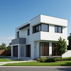 Fototapeta premium Modern luxury house with a well-manicured lawn..