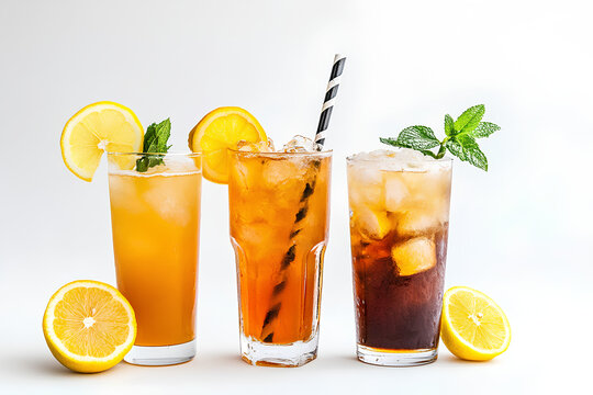 Three refreshing drinks with ice, lemon slices, and mint, ideal for summer enjoyment.