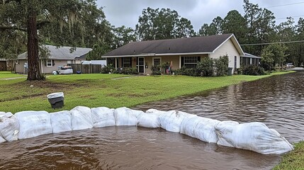 Naklejka premium Flood protection sandbags places to safeguard residential homes in the background from rising water levels, preventing flood damage and mitigation disaster impact during extreme weather conditions