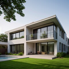 Fototapeta premium Modern luxury house with a well-manicured lawn..