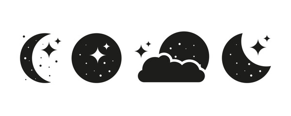 Minimalist night sky icons featuring crescent moons, stars, and clouds. Monochrome color scheme, illustrating night themes, bedtime stories, or celestial-related content © vectorplus