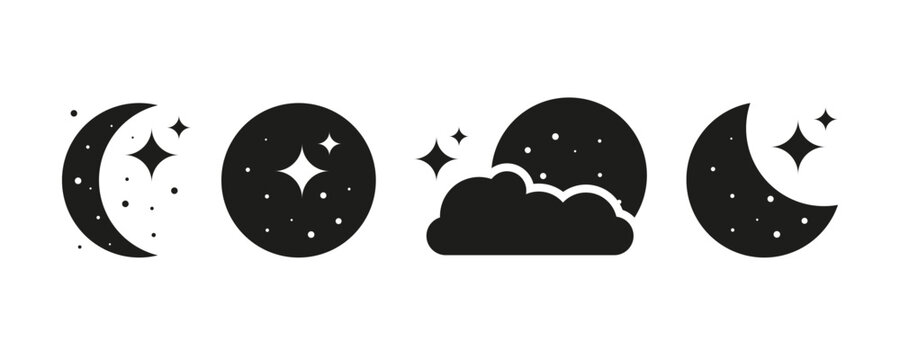 Minimalist night sky icons featuring crescent moons, stars, and clouds. Monochrome color scheme, illustrating night themes, bedtime stories, or celestial-related content