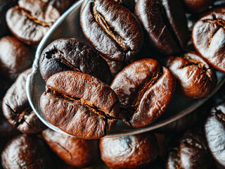 Roasted coffee bean on a stainless steel spoon, Close-up of fresh roasted coffee bean, Wallpapers of  roasted coffee bean, macro