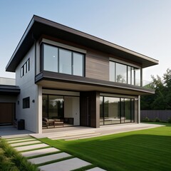 Fototapeta premium Modern luxury house with a well-manicured lawn..