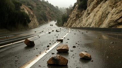 Rockslide blocks traffic lane on a rainy day along Santa Susana Pass Road in the Chatsworth area of Los Angeles, California, causing dangerous driving conditions creating road hazards for commuters