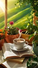Cup of coffee on books and plants in flowerpots on green background
