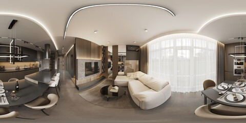 Full spherical seamless hdri 360 panorama in equirectangular projection in interior of living room in modern flat apartments, VR content