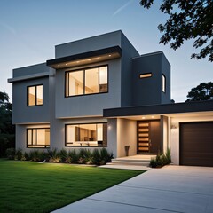 Modern luxury house with a well-manicured lawn..