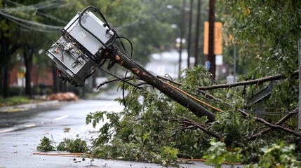 A transformer on a utility pole with a fallen tree entangled in power lines blocking the road after a hurricane, showcasing the severe impact on infrastructure, power supply, and road access