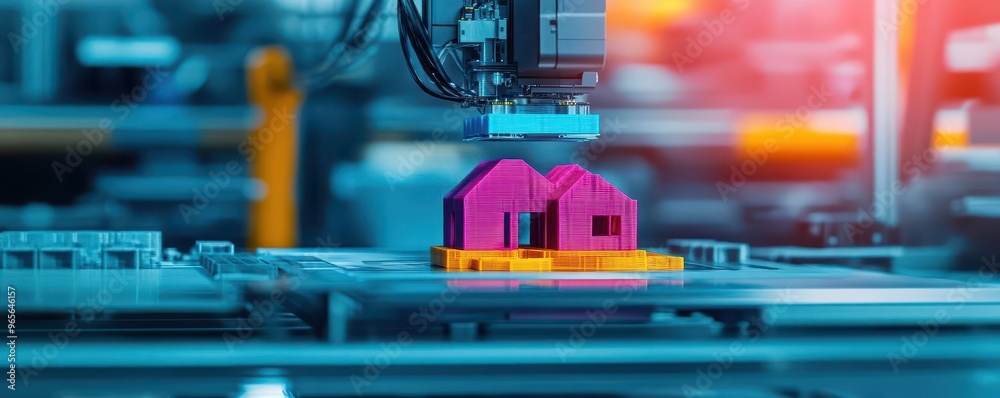 Poster 3D printing revolution in a futuristic factory, creating sustainable houses and complex products using advanced materials