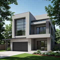 Modern luxury house with a well-manicured lawn..
