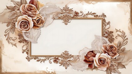 Vintage watercolor frame with delicate lace and rose motifs in sepia and cream. Classic, elegant design perfect for retro-style wall decor.