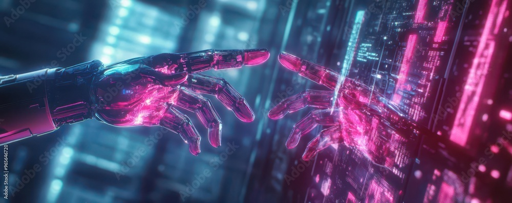 Poster robotic hands managing cloudbased data storage units, holographic interfaces, bright neon lights, hi