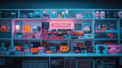 Retro Halloween costume shop from the 1980s, filled with neon signs, cassette tapes, and classic horror masks from the era