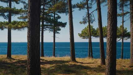 Evergreen forest landscape with distant hills and river, tranquil nature scene with coniferous trees and flowing water