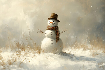 Obraz premium Charming snowman stands amidst a serene winter landscape, capturing the essence of a snowy day