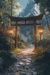 Obraz premium A beautiful torii gate on a path toward a mountain with beautiful lighting 