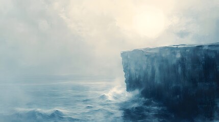 Digital Art Serene Landscapes, a misty coastal cliff with waves crashing below, gentle light from a low-hanging sun creating soft reflections, cool and calming colors, a mood of solitary contemplation