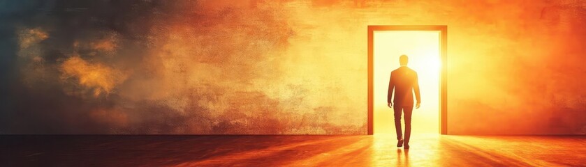 Obraz premium Person walking through an open door into a bright future, symbolizing new beginnings