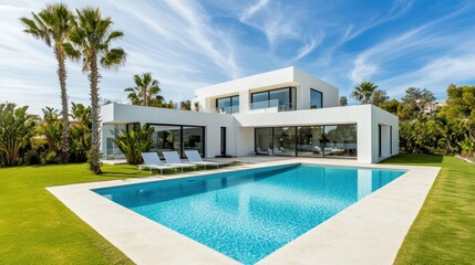 Fototapeta premium Modern Villa with Swimming Pool and Lush Greenery
