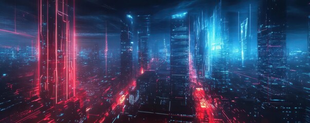 Obraz premium Nanoscale architecture with electronic veins lighting up, scifi, red and blue neon, sketch, futuristic buildings with glowing veins of energy