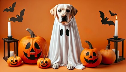 Dog wearing a ghost costume sitting between pumpkins for Halloween