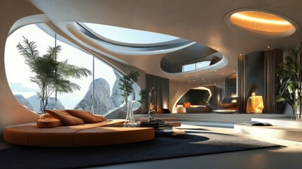 Fototapeta premium Modern Living Room with Mountain View
