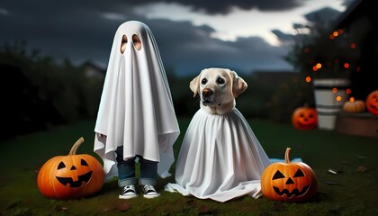 Dog wearing a ghost costume sitting between pumpkins for Halloween