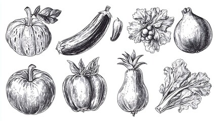 Whimsical Hand-Drawn Food Illustrations of Fruits and Vegetables in Sketch Style