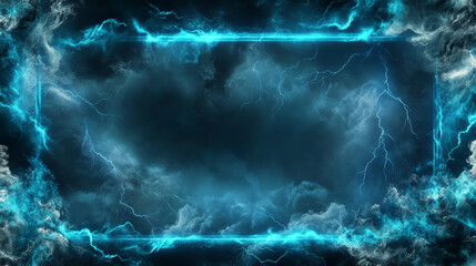 A dramatic scene with realistic lightning, blue smoke, and a glowing turquoise border. The scene is wide and panoramic, creating a mysterious and magical atmosphere.