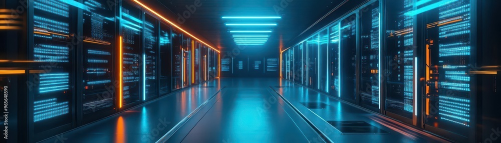 Aufkleber futuristic data center with glowing holographic servers, aidriven data streams, hightech equipment, 