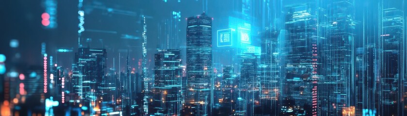 Futuristic cityscape where digital ads and business metrics float in holograms, corporate skyscrapers in the background, Cyberpunk, 3D, cool blue lighting