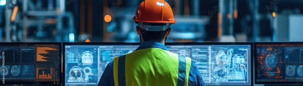 Poster Engineers in reflective vests checking equipment via virtual dashboards, digital safety alerts displayed, high contrast, cyberpunk style, dark background
