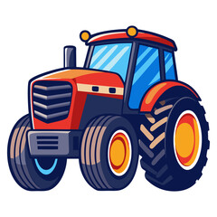 Vintage retro-style classic farm tractor vehicle is depicted in side and front views. The vector illustration of a modern flat-color tractor represents an agriculture concept outline and farm tractor 