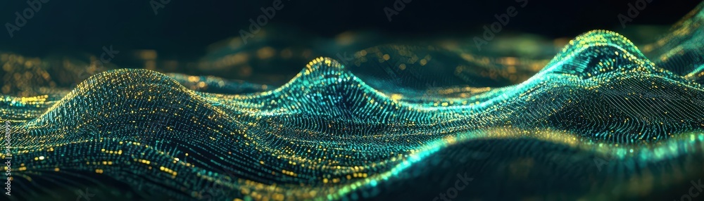 Aufkleber data streams flowing in and out of a virtual landscape, with glowing lines forming a futuristic grid